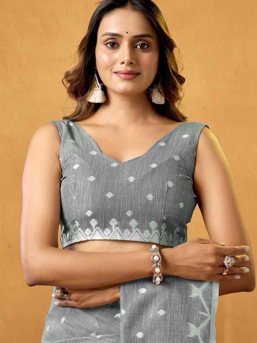 Grey Pure Cotton Handwoven Festival Wedding Fancy Heavy Border Saree