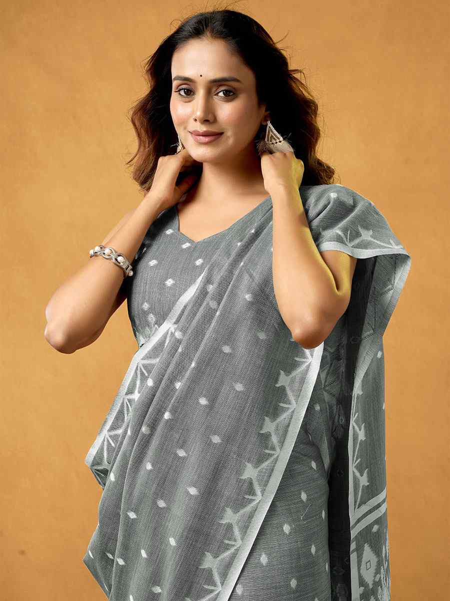 Grey Pure Cotton Handwoven Festival Wedding Fancy Heavy Border Saree