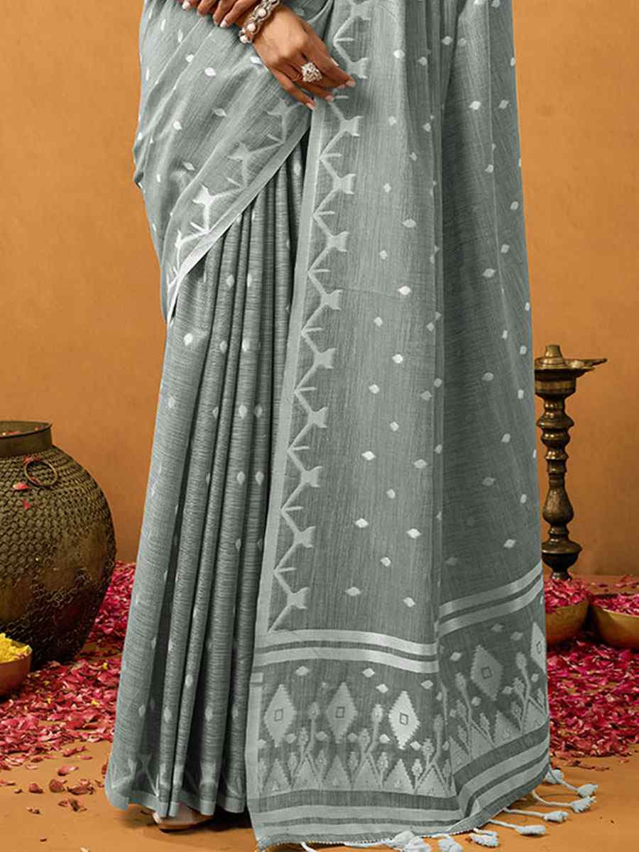 Grey Pure Cotton Handwoven Festival Wedding Fancy Heavy Border Saree