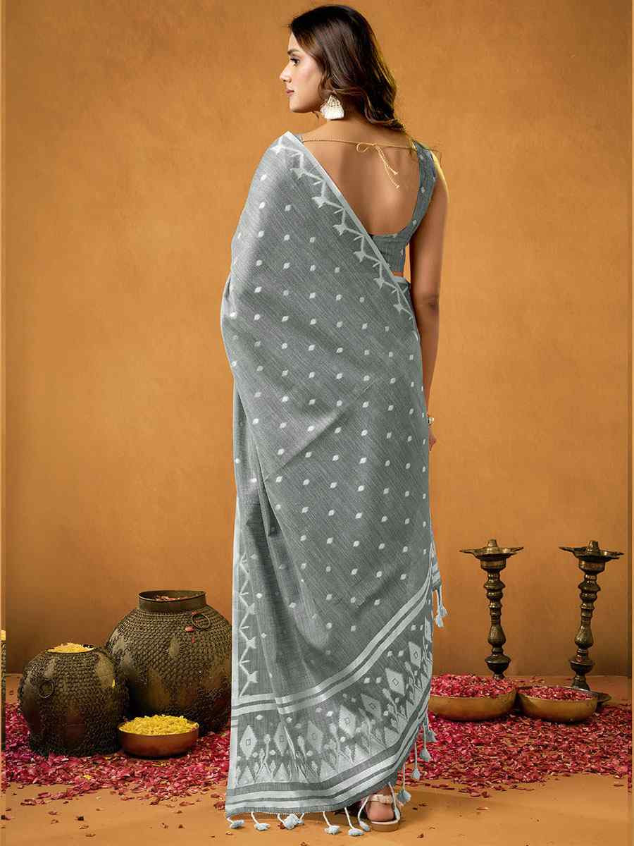 Grey Pure Cotton Handwoven Festival Wedding Fancy Heavy Border Saree