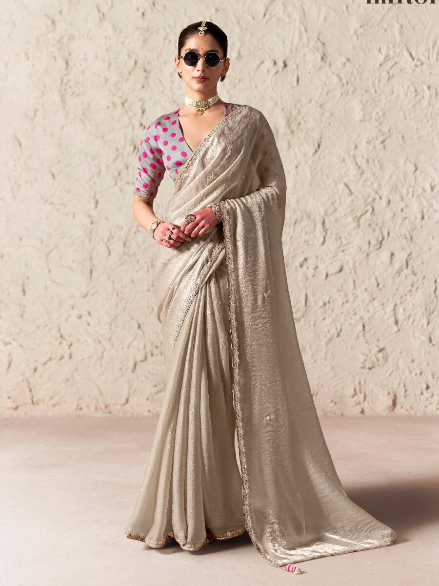 Grey Pure Fancy Tissue Silk Zari Sequins Wedding Reception Party Festival Heavy Border Sarees