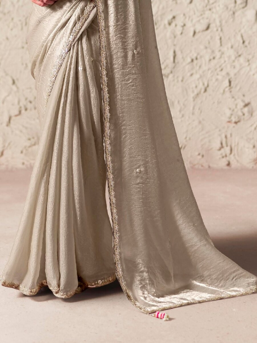 Grey Pure Fancy Tissue Silk Zari Sequins Wedding Reception Party Festival Heavy Border Sarees