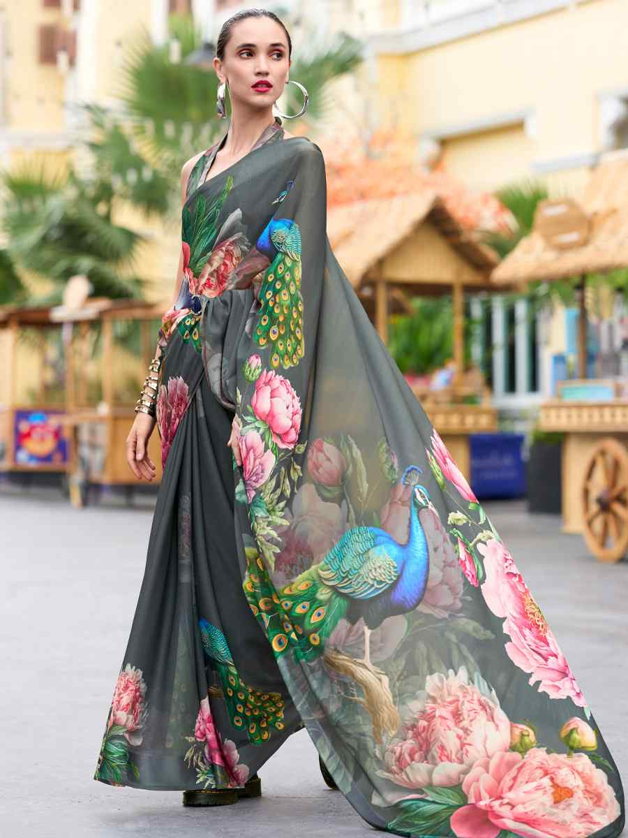 Grey Pure Georgette Printed Casual Festival Contemporary Saree