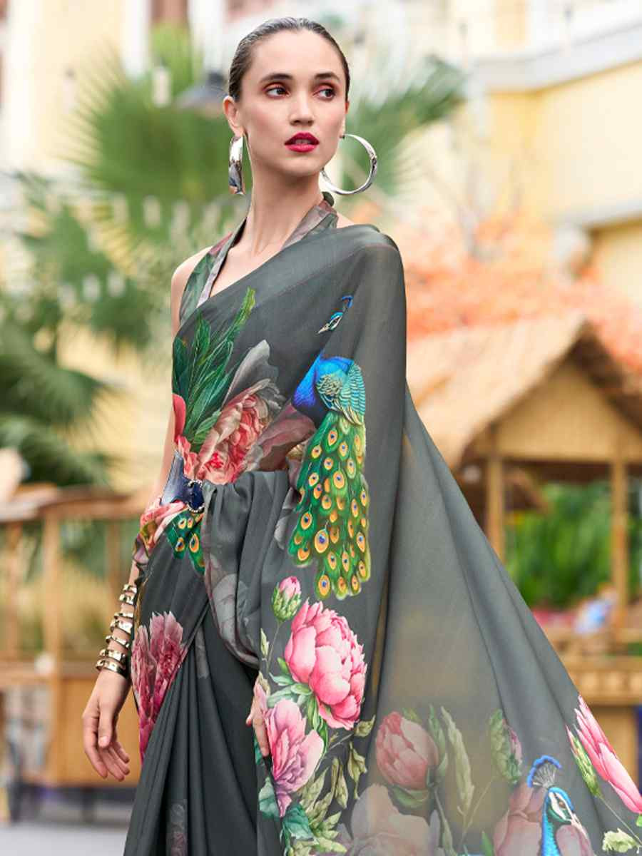 Grey Pure Georgette Printed Casual Festival Contemporary Saree