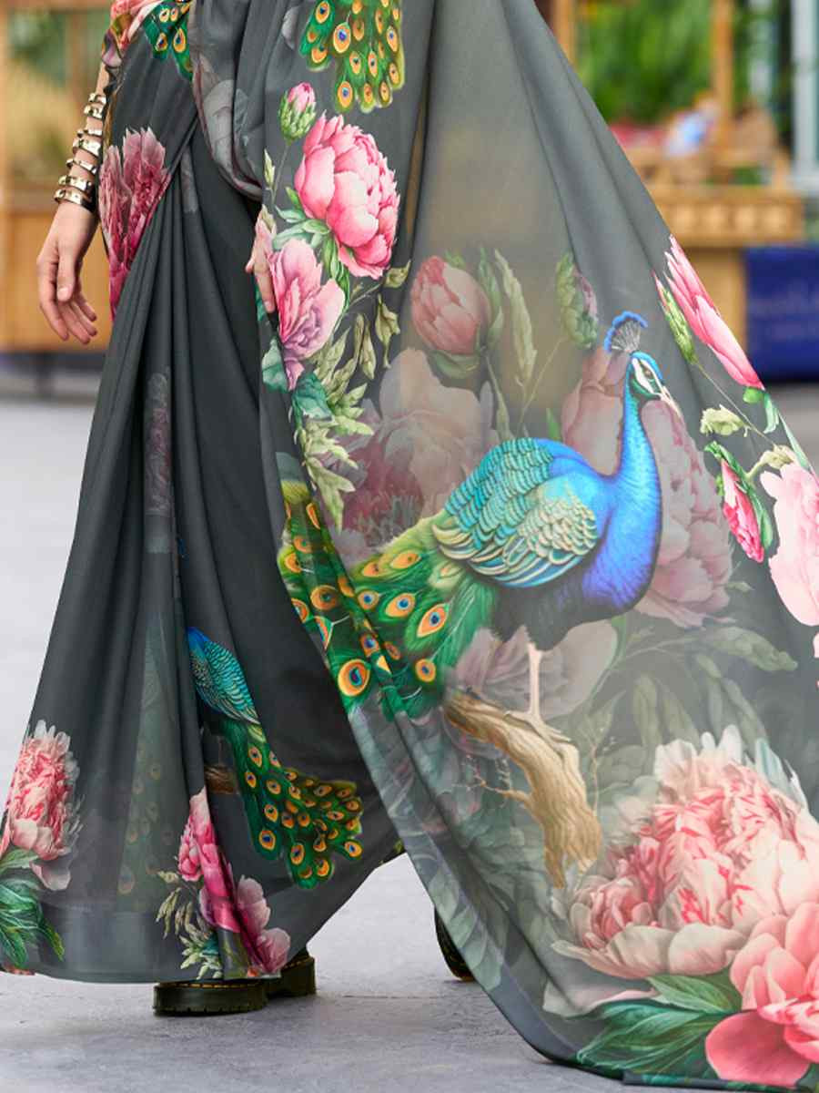 Grey Pure Georgette Printed Casual Festival Contemporary Saree