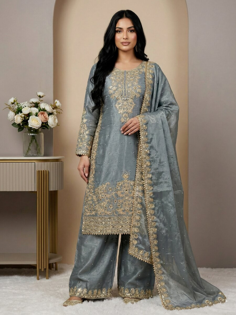 Grey Pure Gmy Silk Embroidery Sequins Zari Party Wedding Engagement Festival Ready Palazzo Pant Salwar Kameez