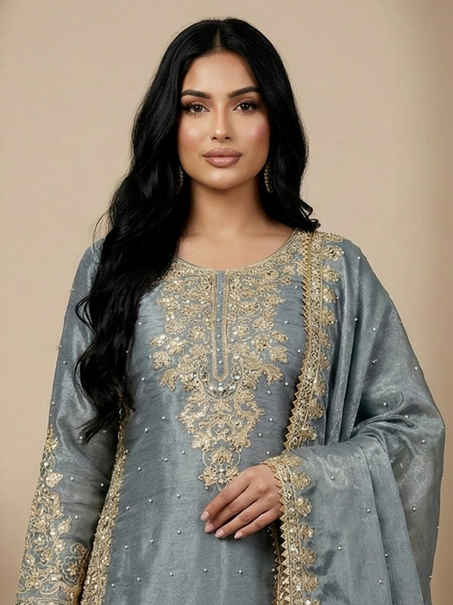 Grey Pure Gmy Silk Embroidery Sequins Zari Party Wedding Engagement Festival Ready Palazzo Pant Salwar Kameez
