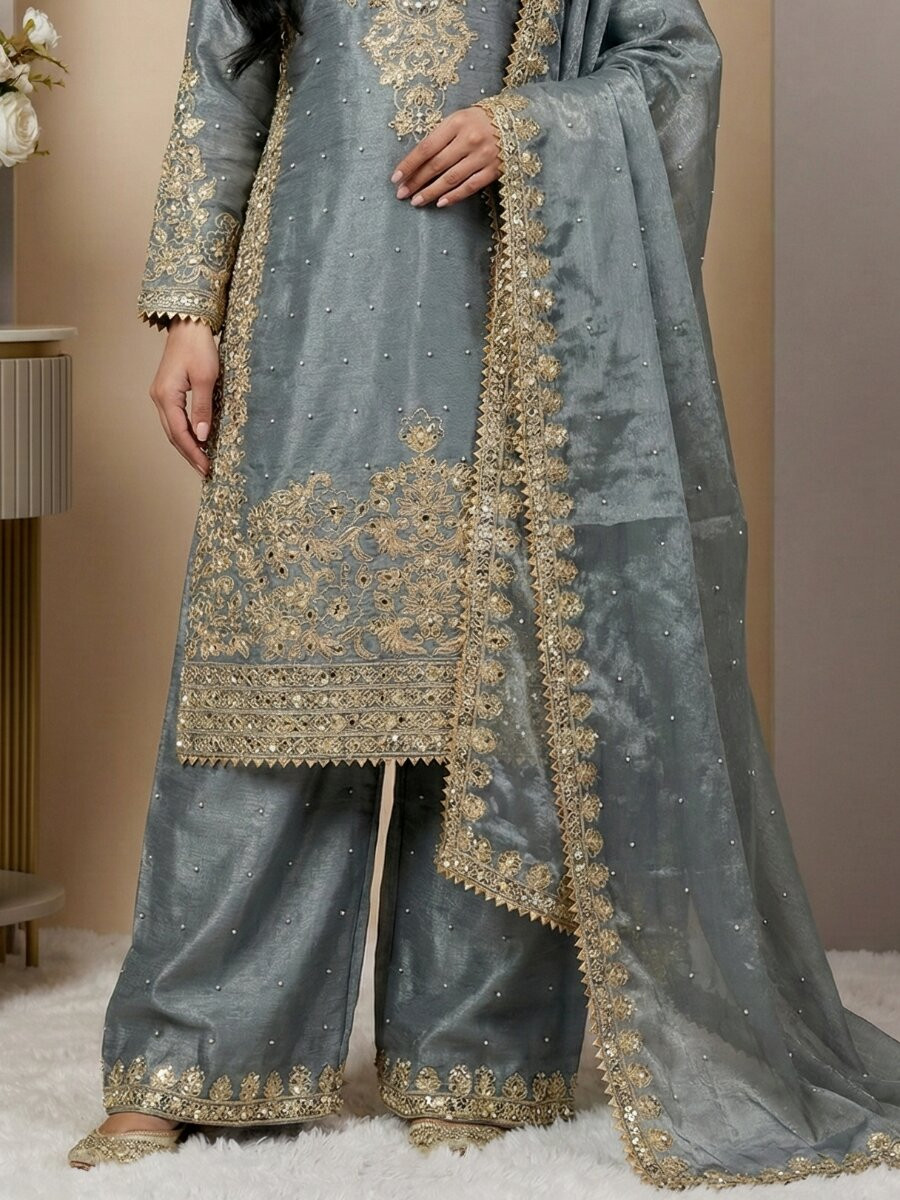 Grey Pure Gmy Silk Embroidery Sequins Zari Party Wedding Engagement Festival Ready Palazzo Pant Salwar Kameez