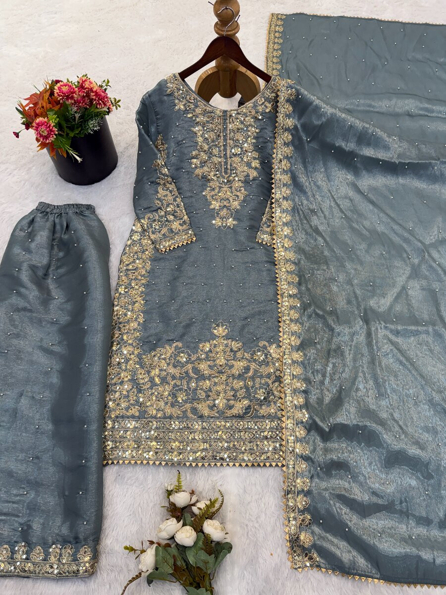 Grey Pure Gmy Silk Embroidery Sequins Zari Party Wedding Engagement Festival Ready Palazzo Pant Salwar Kameez