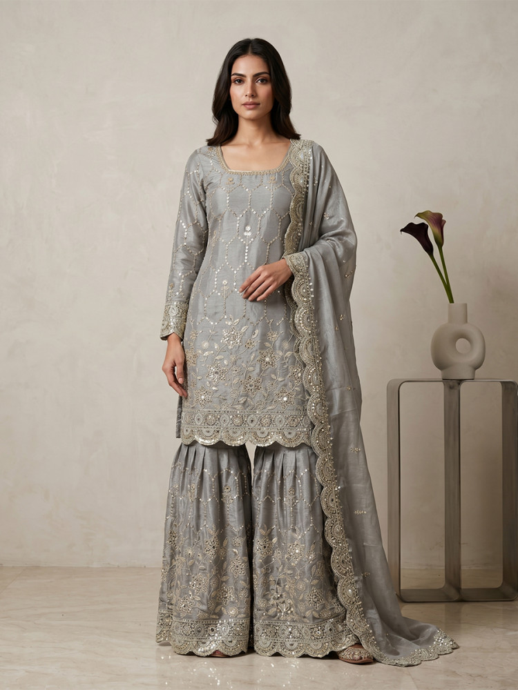 Image of Grey Pure Heavy Gmy Silk Embroidery Sequins Real Mirror Hand Work Wedding Party Festival Casual Ready Sharara Pant Salwar Kameez