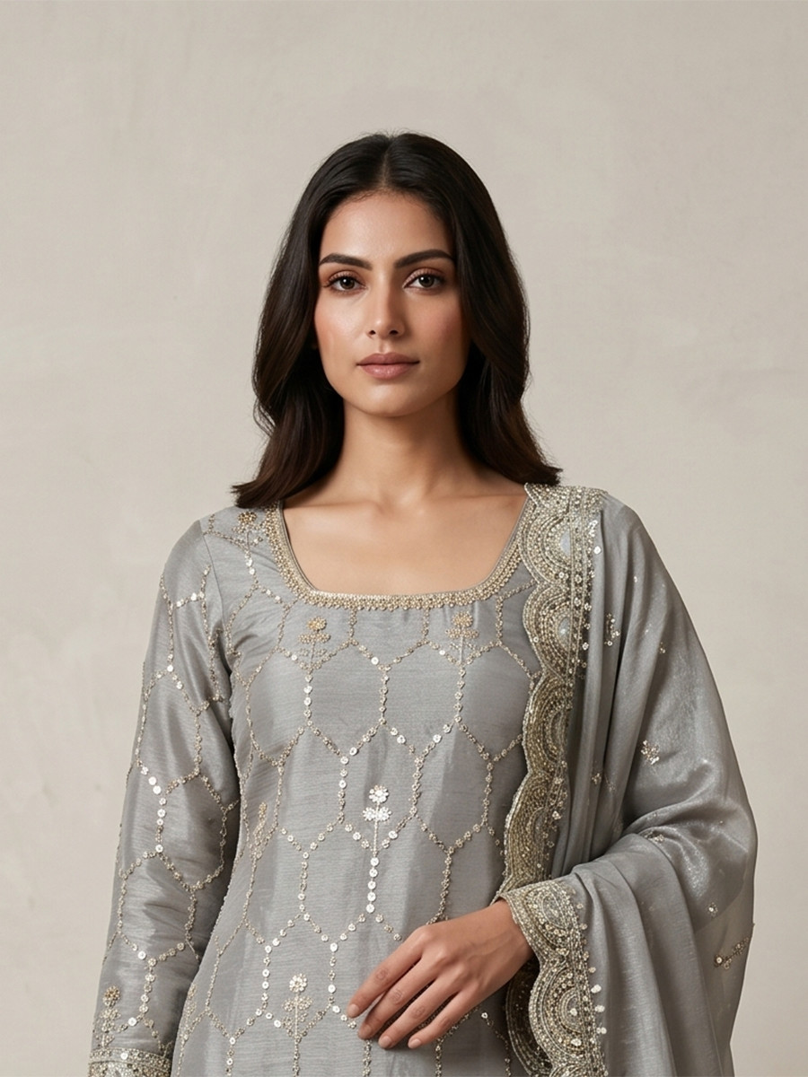 Grey Pure Heavy Gmy Silk Embroidery Sequins Real Mirror Hand Work Wedding Party Festival Casual Ready Sharara Pant Salwar Kameez