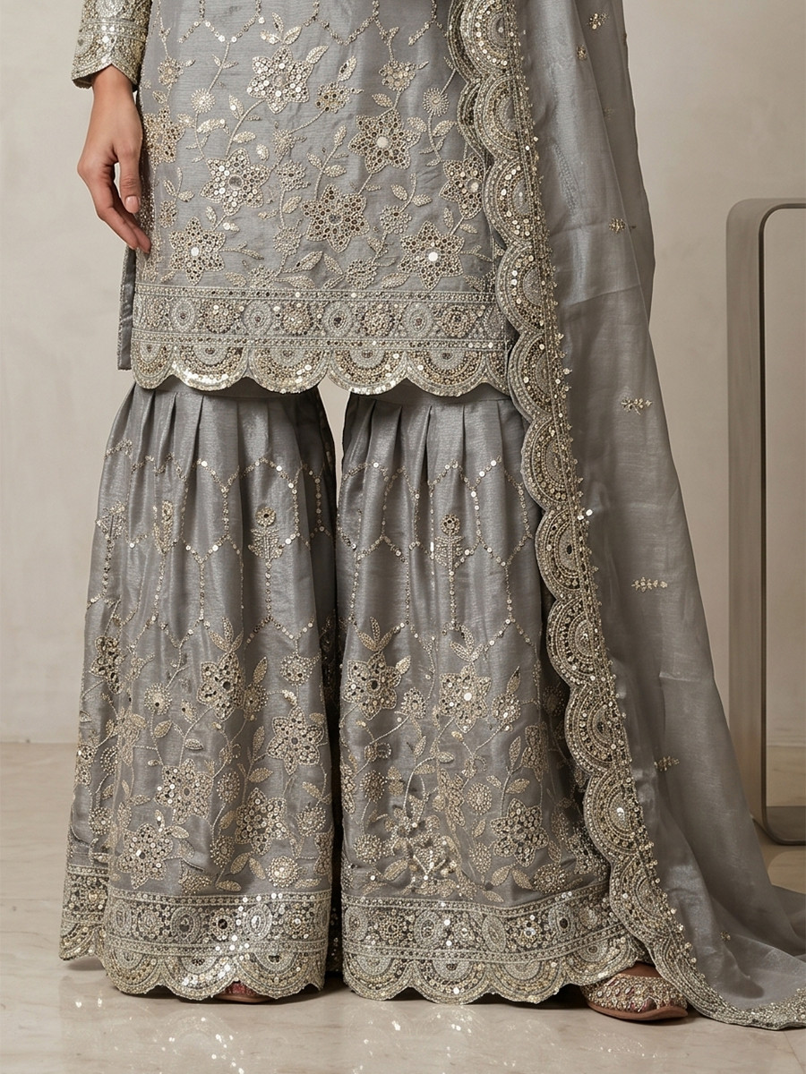 Grey Pure Heavy Gmy Silk Embroidery Sequins Real Mirror Hand Work Wedding Party Festival Casual Ready Sharara Pant Salwar Kameez
