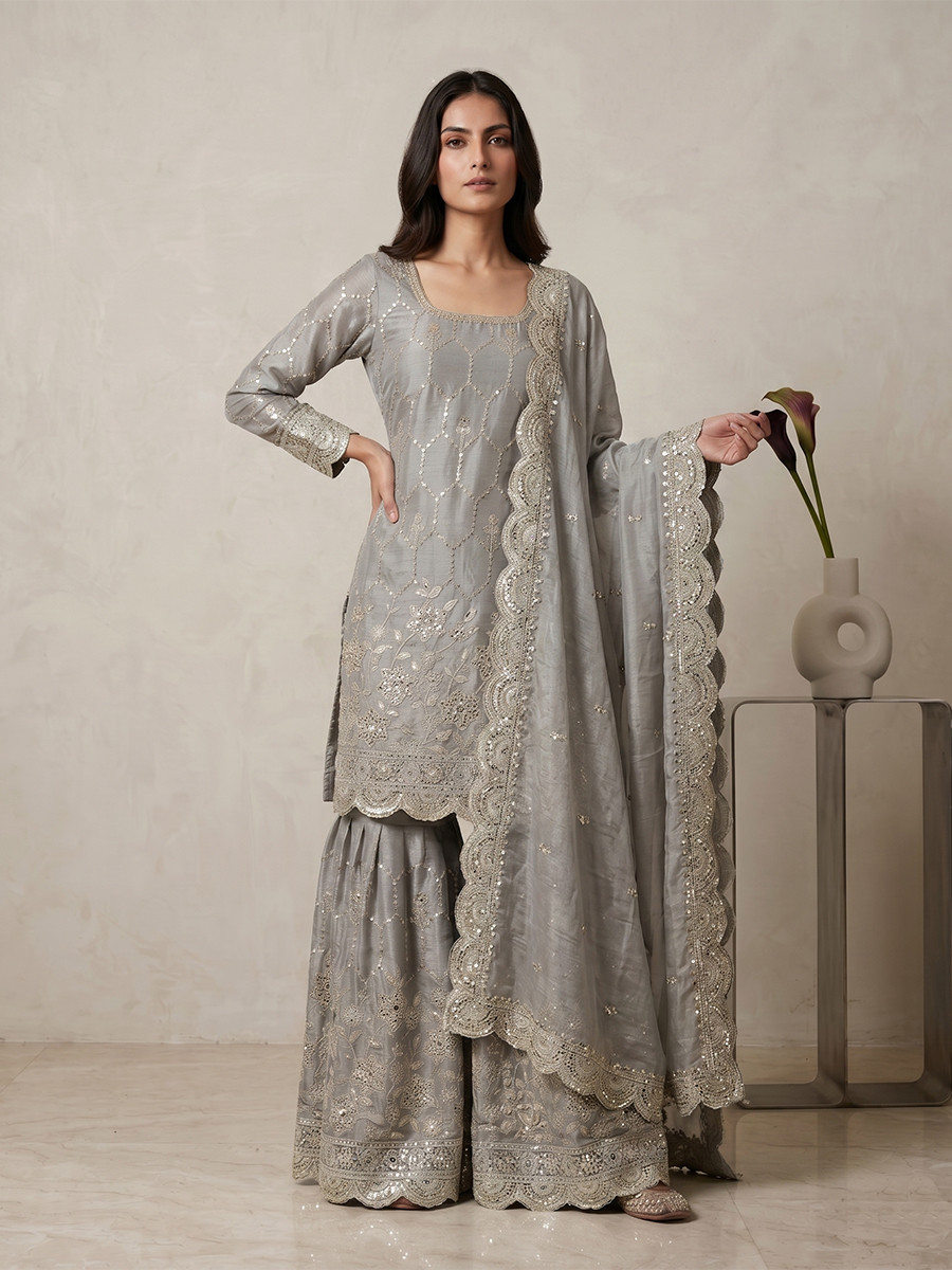 Grey Pure Heavy Gmy Silk Embroidery Sequins Real Mirror Hand Work Wedding Party Festival Casual Ready Sharara Pant Salwar Kameez