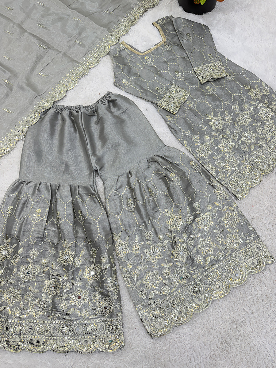 Grey Pure Heavy Gmy Silk Embroidery Sequins Real Mirror Hand Work Wedding Party Festival Casual Ready Sharara Pant Salwar Kameez