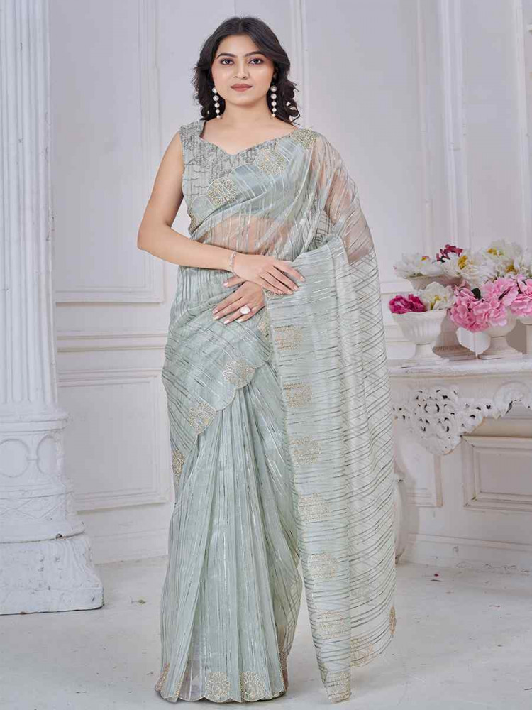 Grey Pure Jacquard Embroidered Festival Wedding Fancy Heavy Border Saree