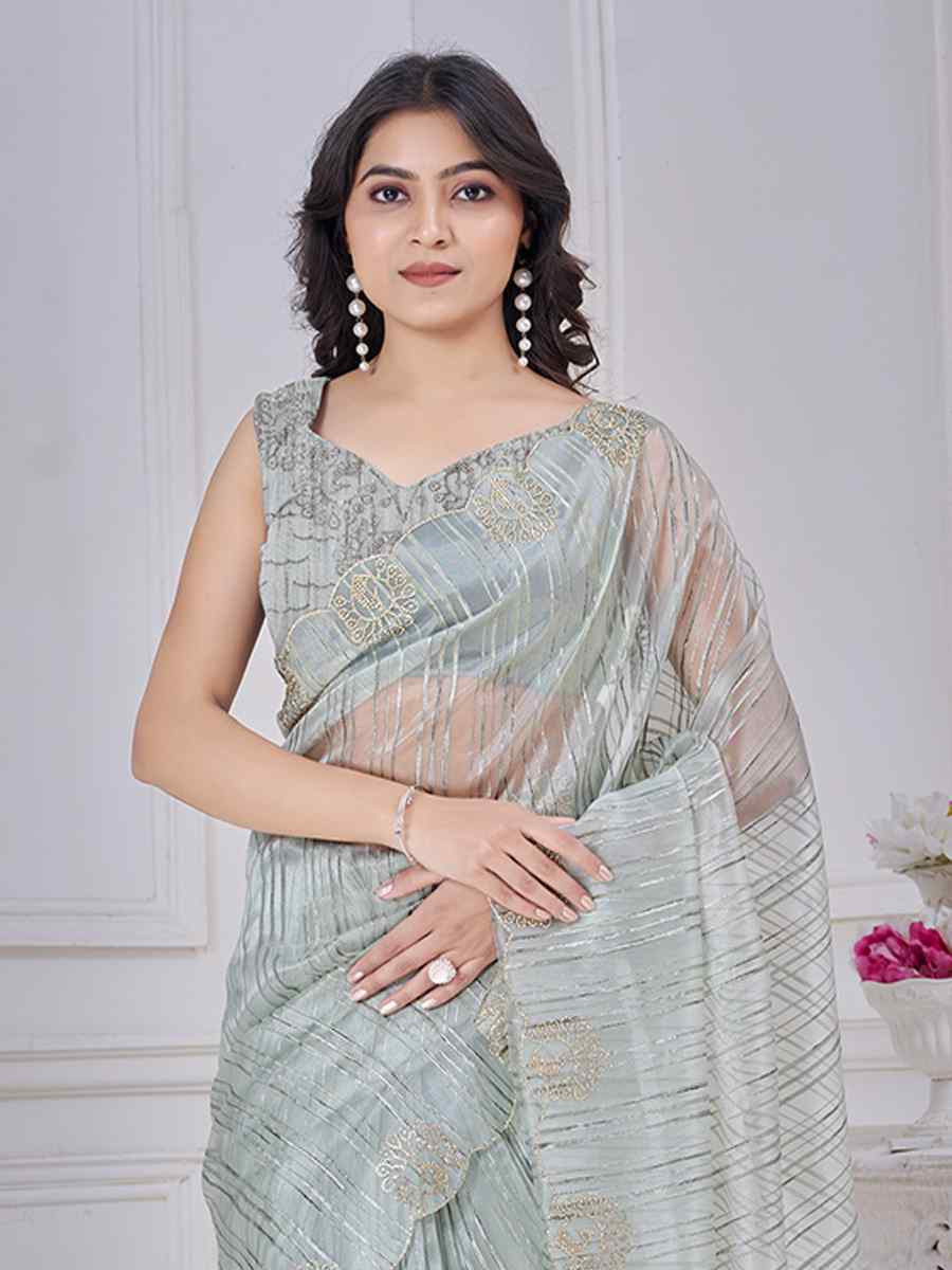 Grey Pure Jacquard Embroidered Festival Wedding Fancy Heavy Border Saree