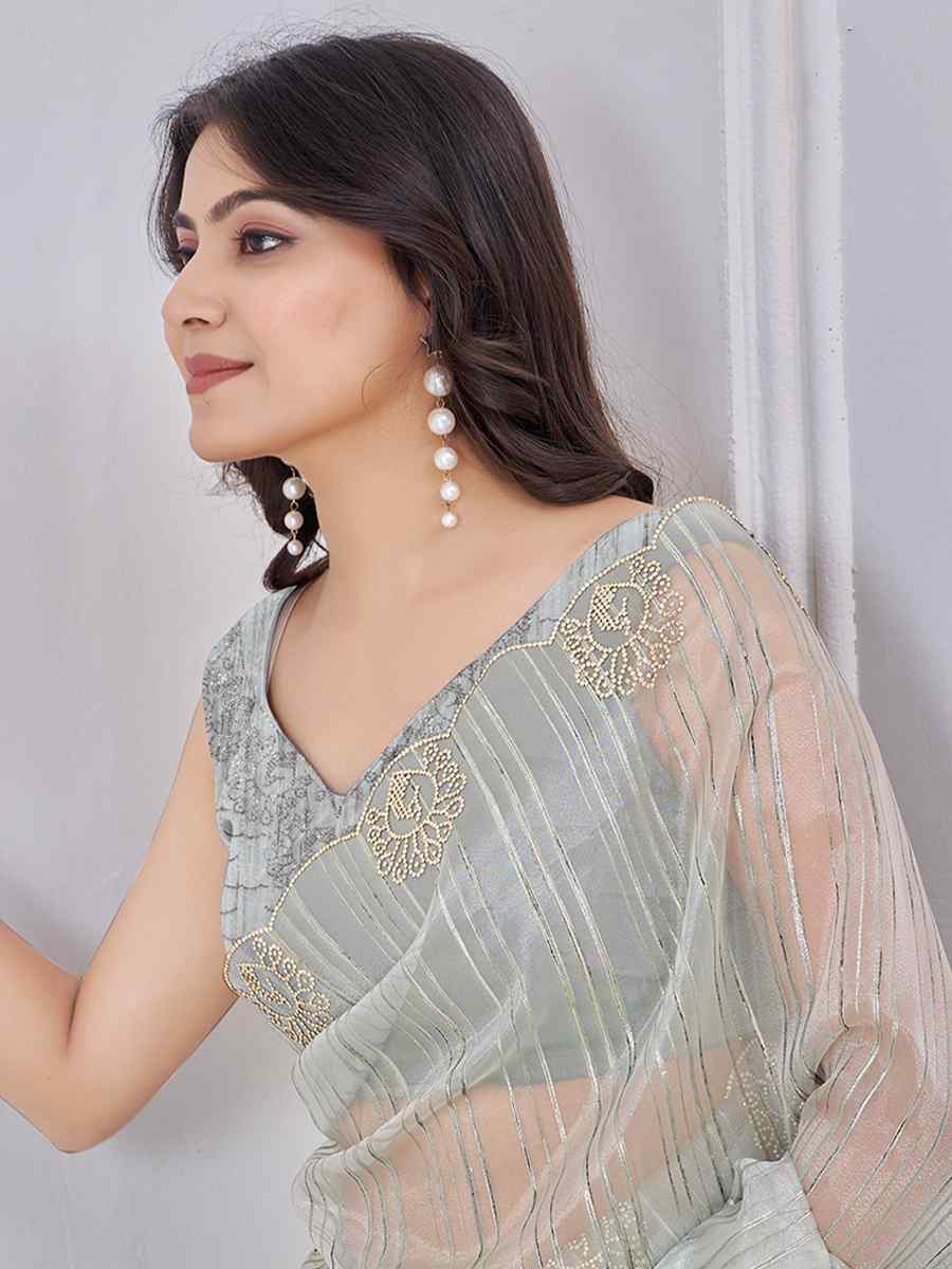 Grey Pure Jacquard Embroidered Festival Wedding Fancy Heavy Border Saree