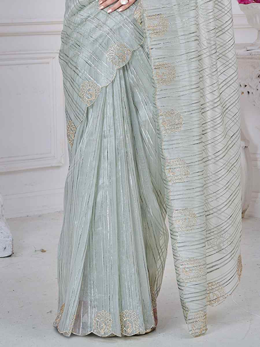 Grey Pure Jacquard Embroidered Festival Wedding Fancy Heavy Border Saree
