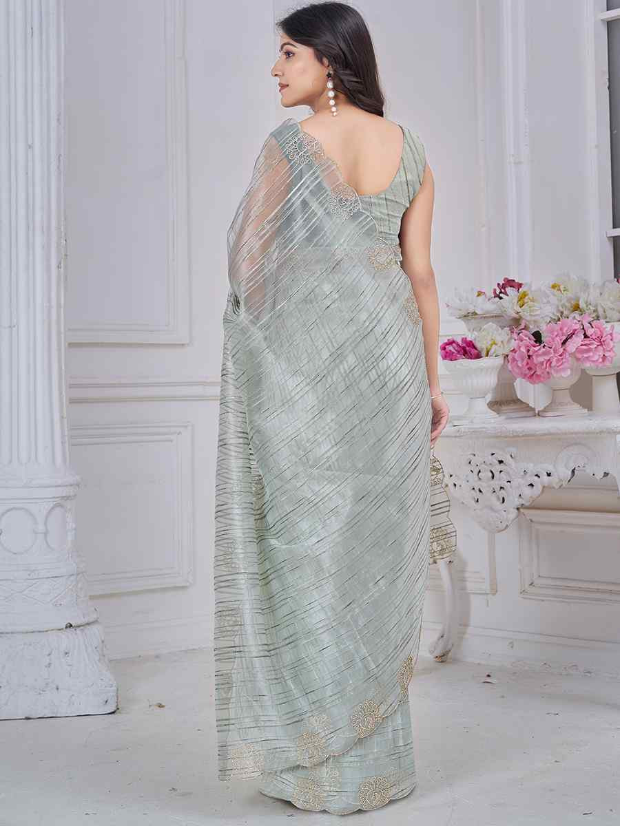 Grey Pure Jacquard Embroidered Festival Wedding Fancy Heavy Border Saree