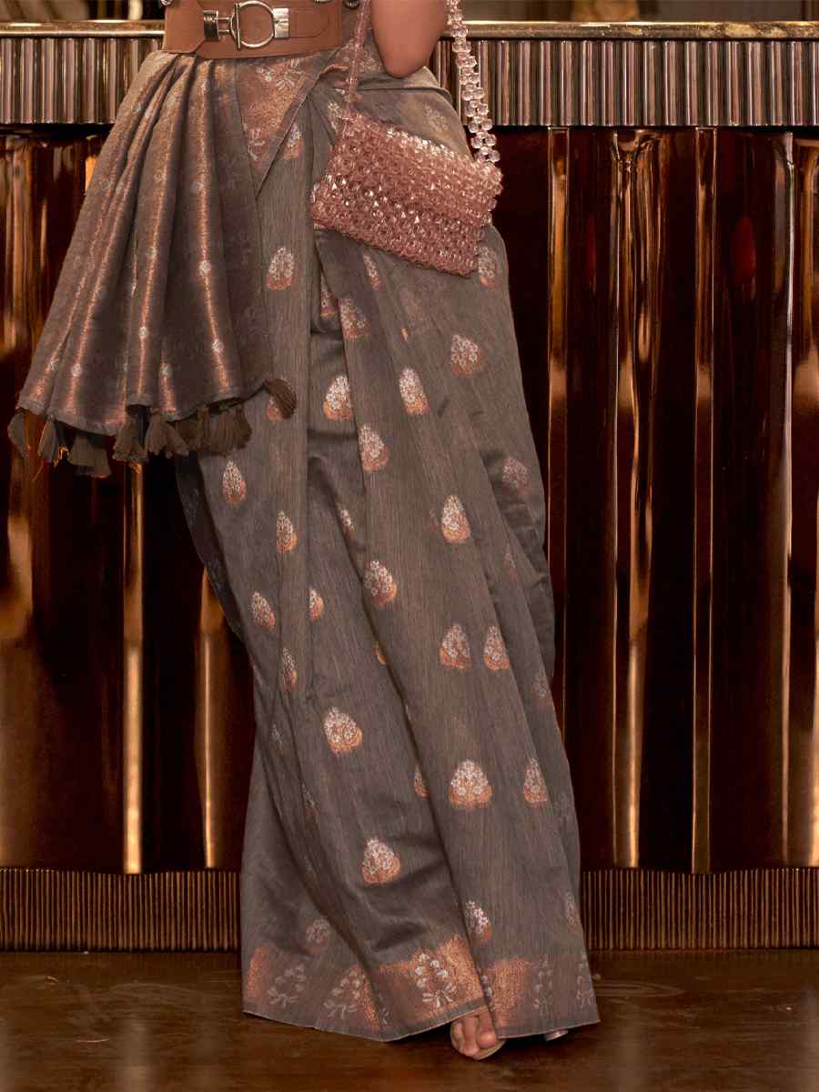 Grey Pure Linen Handwoven Wedding Festival Heavy Border Saree