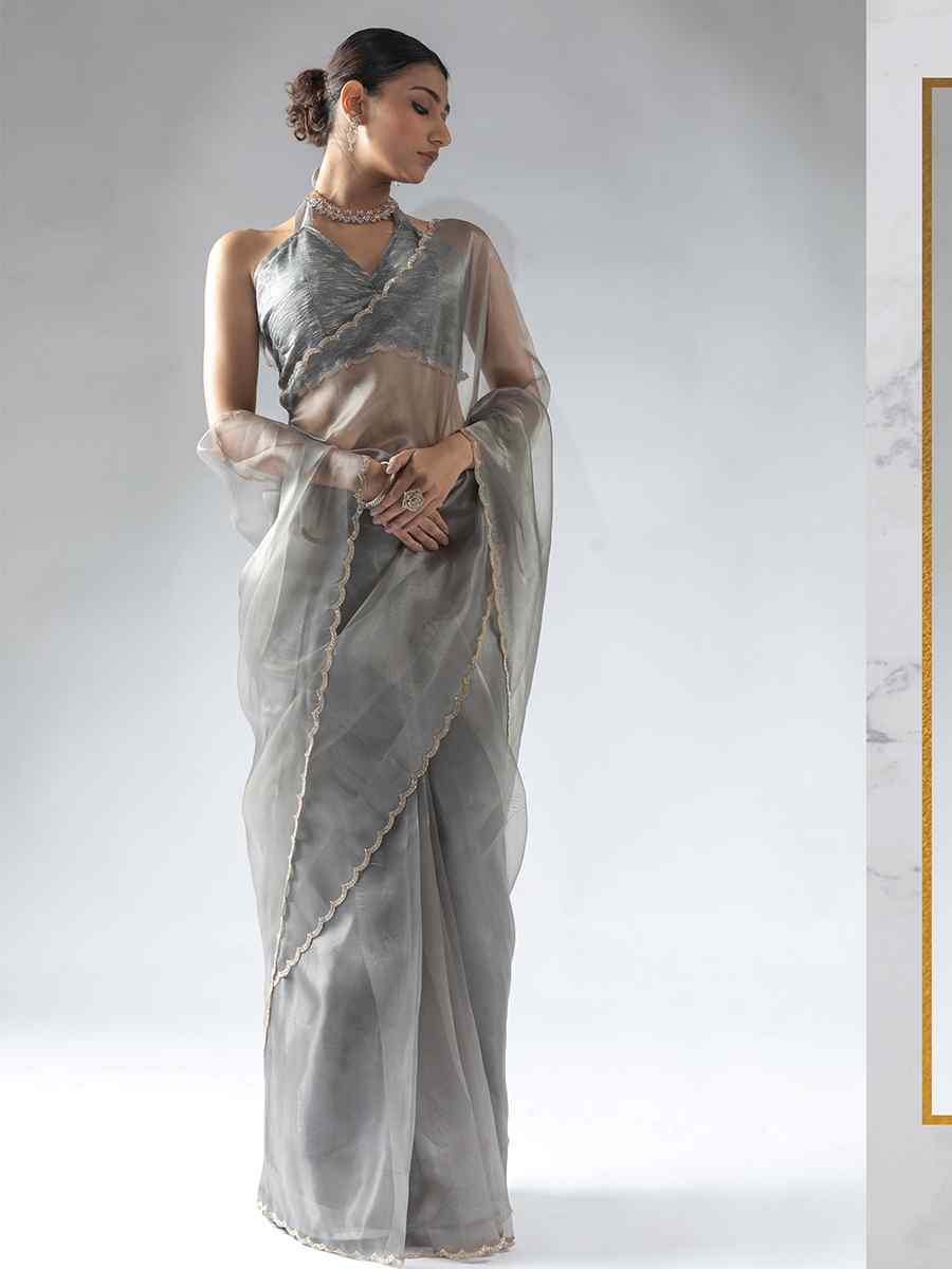Grey Pure Organza Handwoven Festival Wedding Fancy Heavy Border Saree