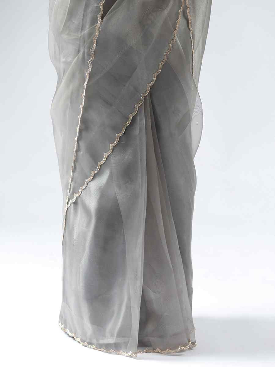 Grey Pure Organza Handwoven Festival Wedding Fancy Heavy Border Saree