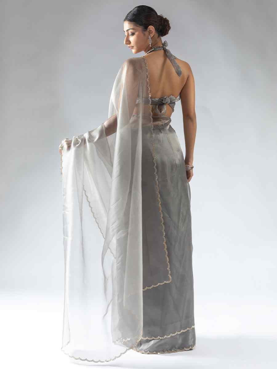 Grey Pure Organza Handwoven Festival Wedding Fancy Heavy Border Saree
