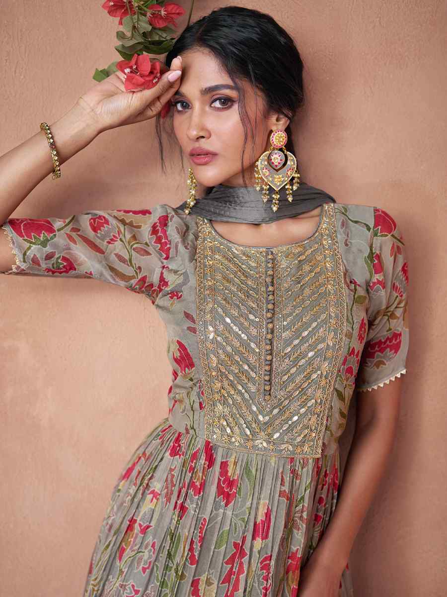 Grey Pure Organza Silk Embroidered Festival Wedding Anarkali Salwar Kameez