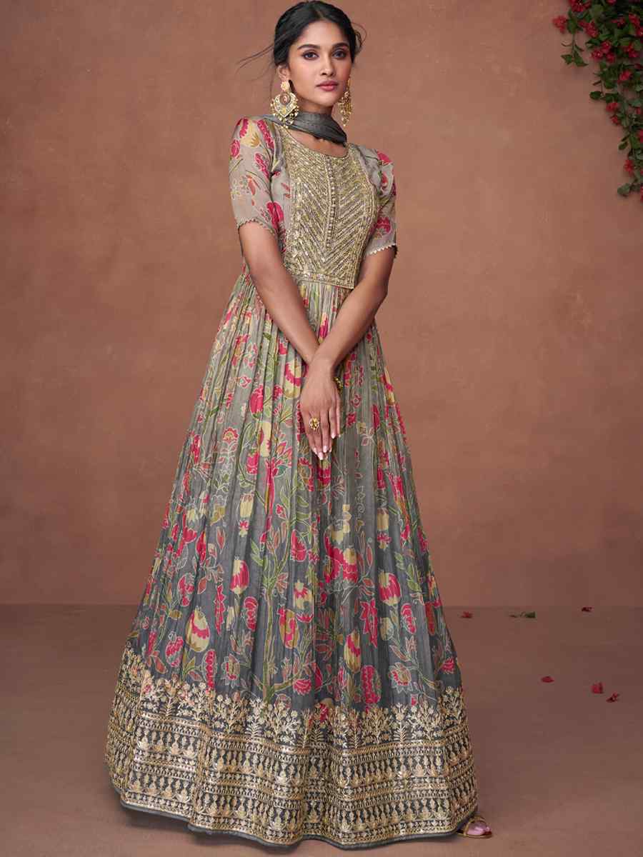 Grey Pure Organza Silk Embroidered Festival Wedding Anarkali Salwar Kameez