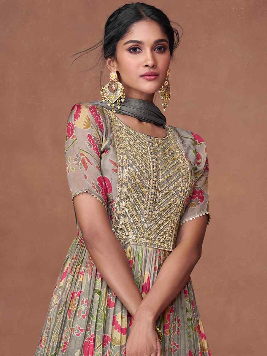 Grey Pure Organza Silk Embroidered Festival Wedding Anarkali Salwar Kameez
