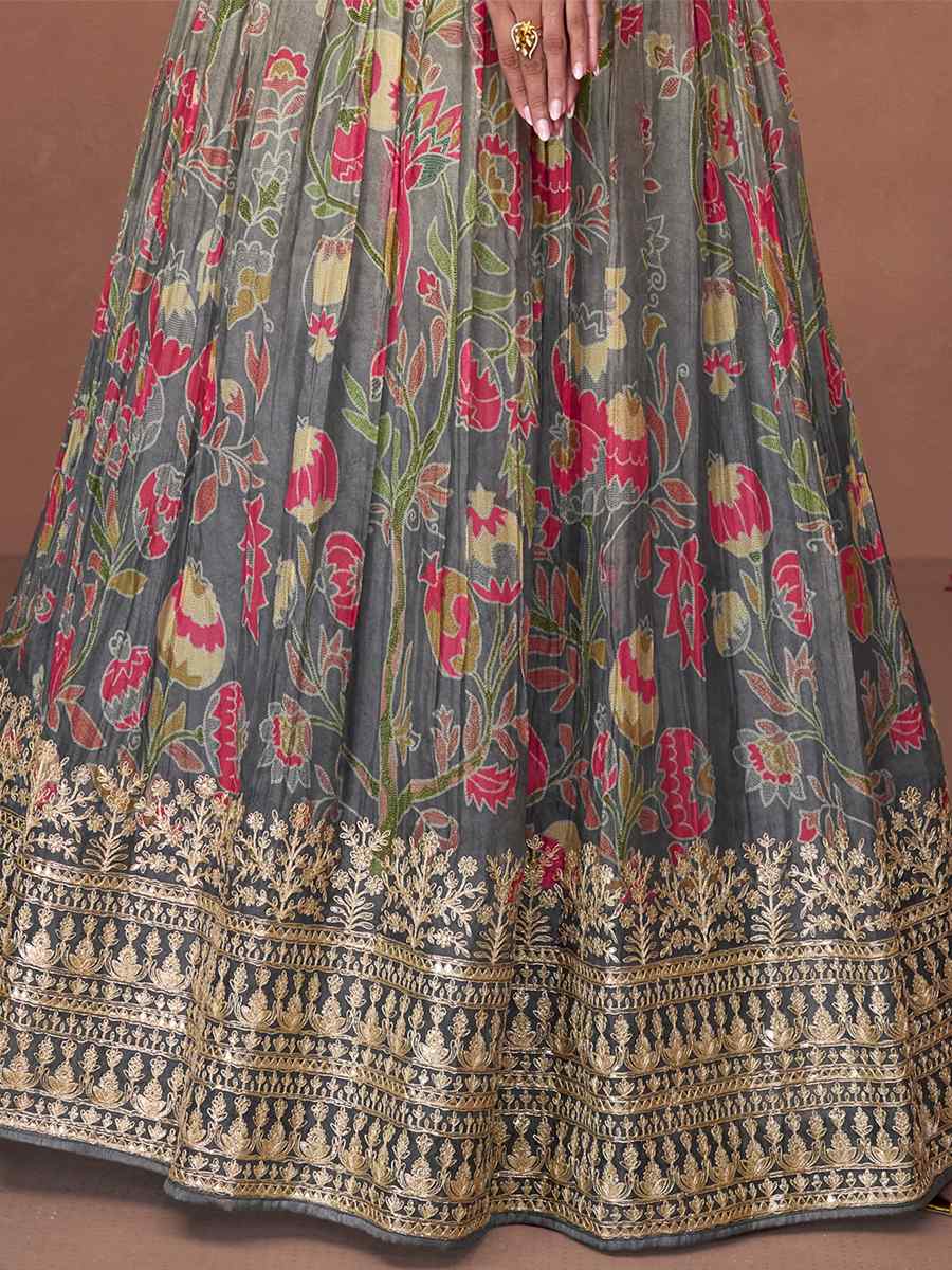 Grey Pure Organza Silk Embroidered Festival Wedding Anarkali Salwar Kameez