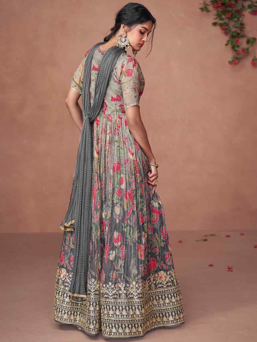 Grey Pure Organza Silk Embroidered Festival Wedding Anarkali Salwar Kameez