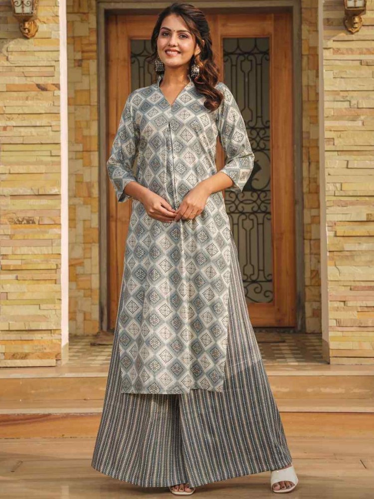Grey Pure Royan Printed Festival Casual Kurti with Bottom