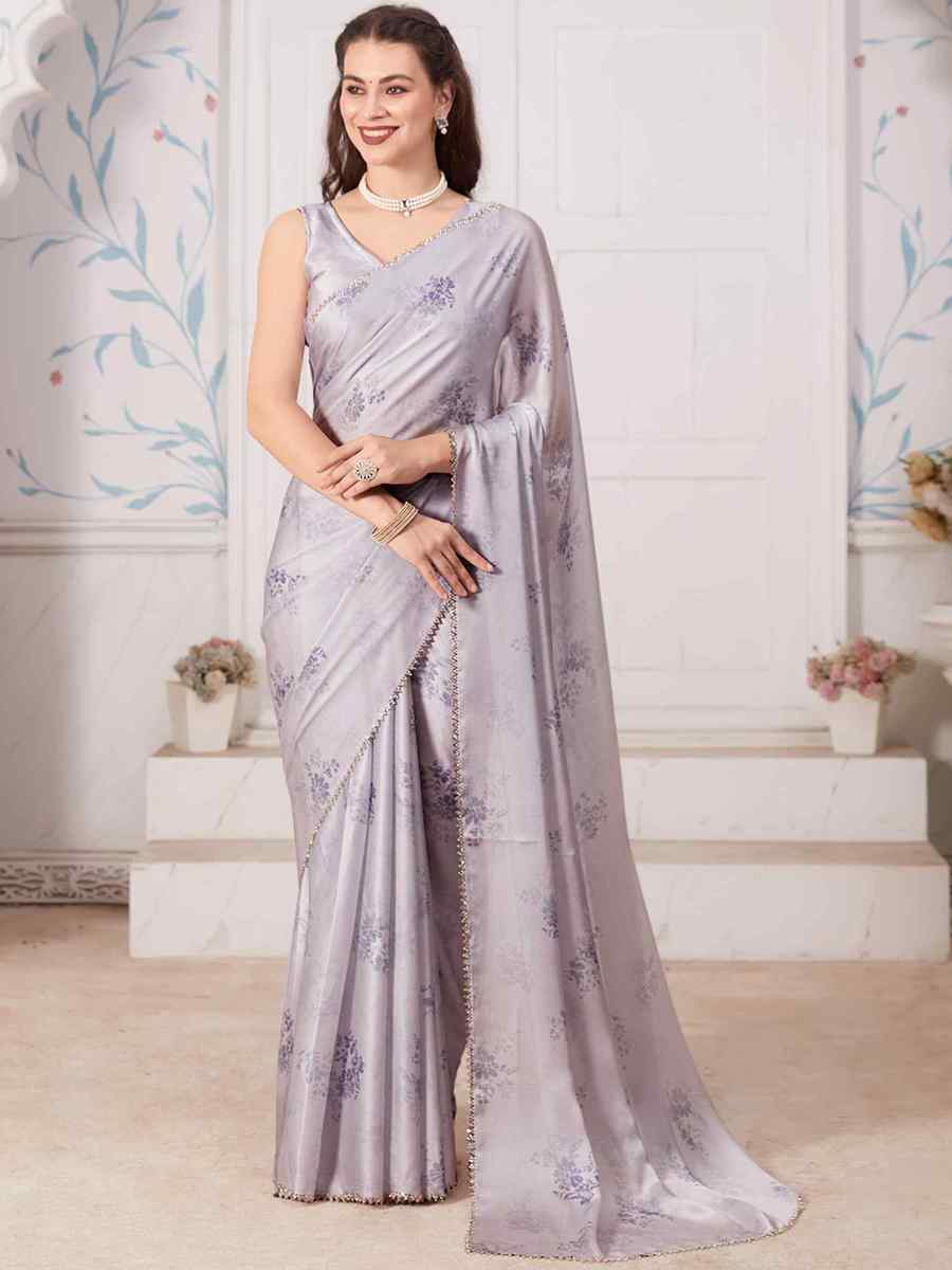 Grey Pure Satin Printed Casual Festival Contemporary Saree