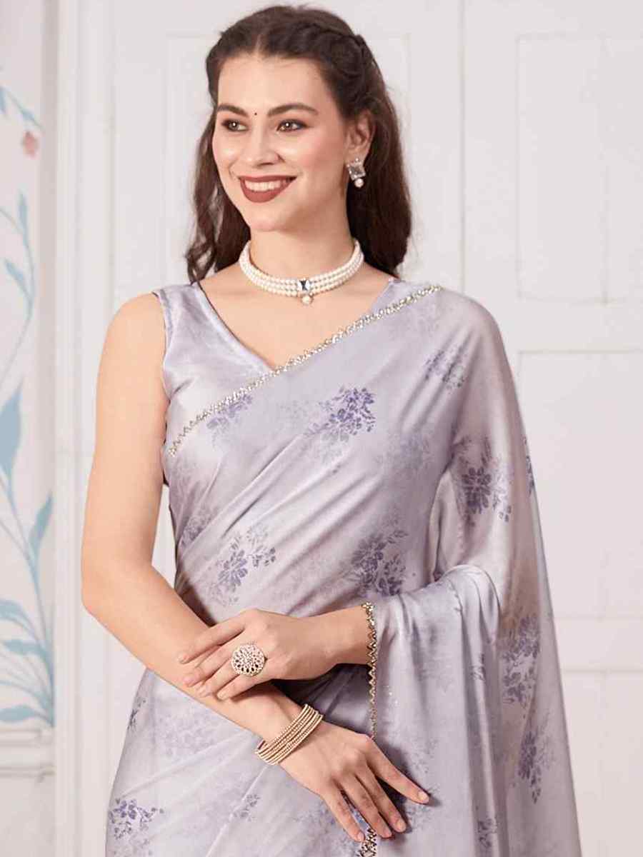 Grey Pure Satin Printed Casual Festival Contemporary Saree