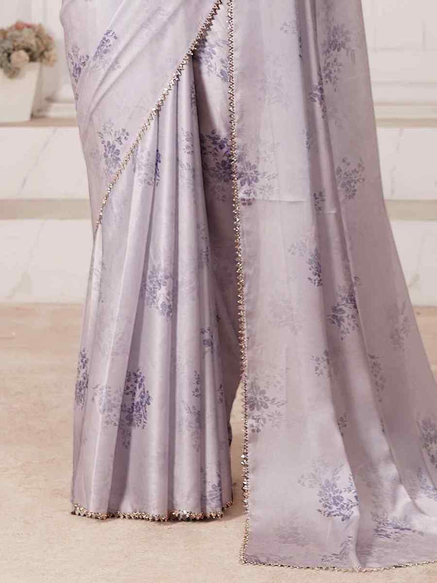 Grey Pure Satin Printed Casual Festival Contemporary Saree