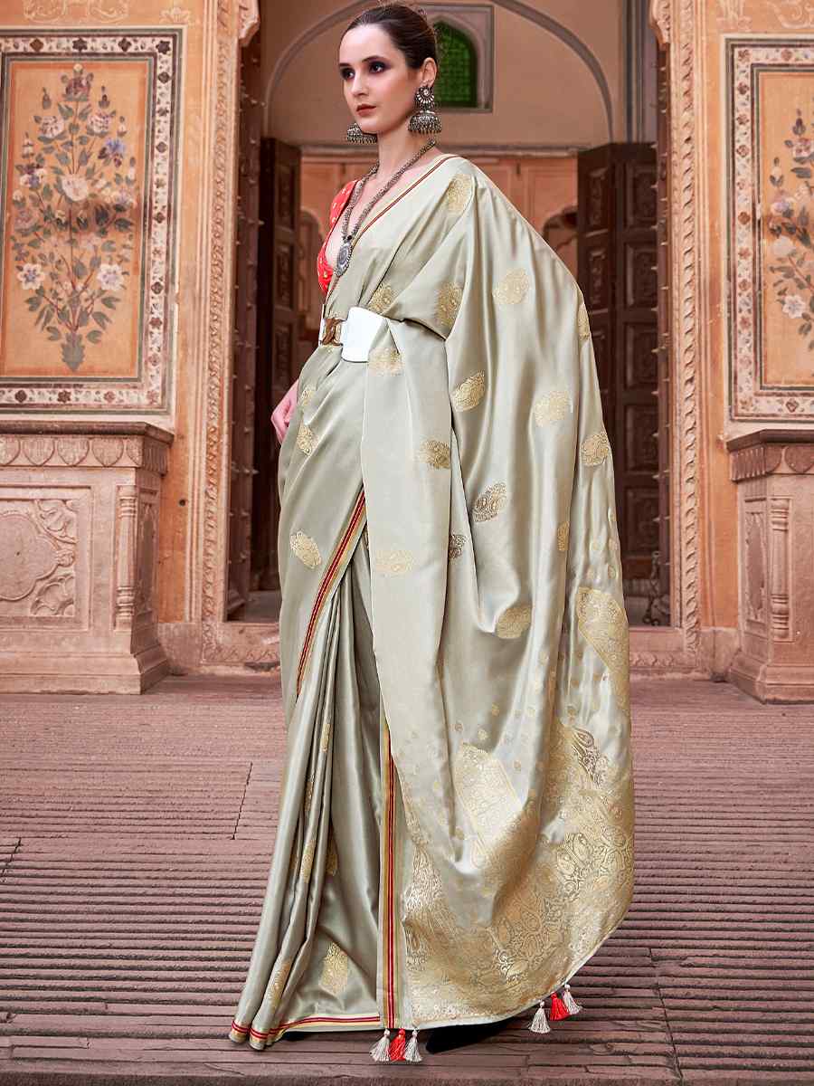 Grey Pure Satin Silk Handwoven Wedding Festival Classic Style Saree