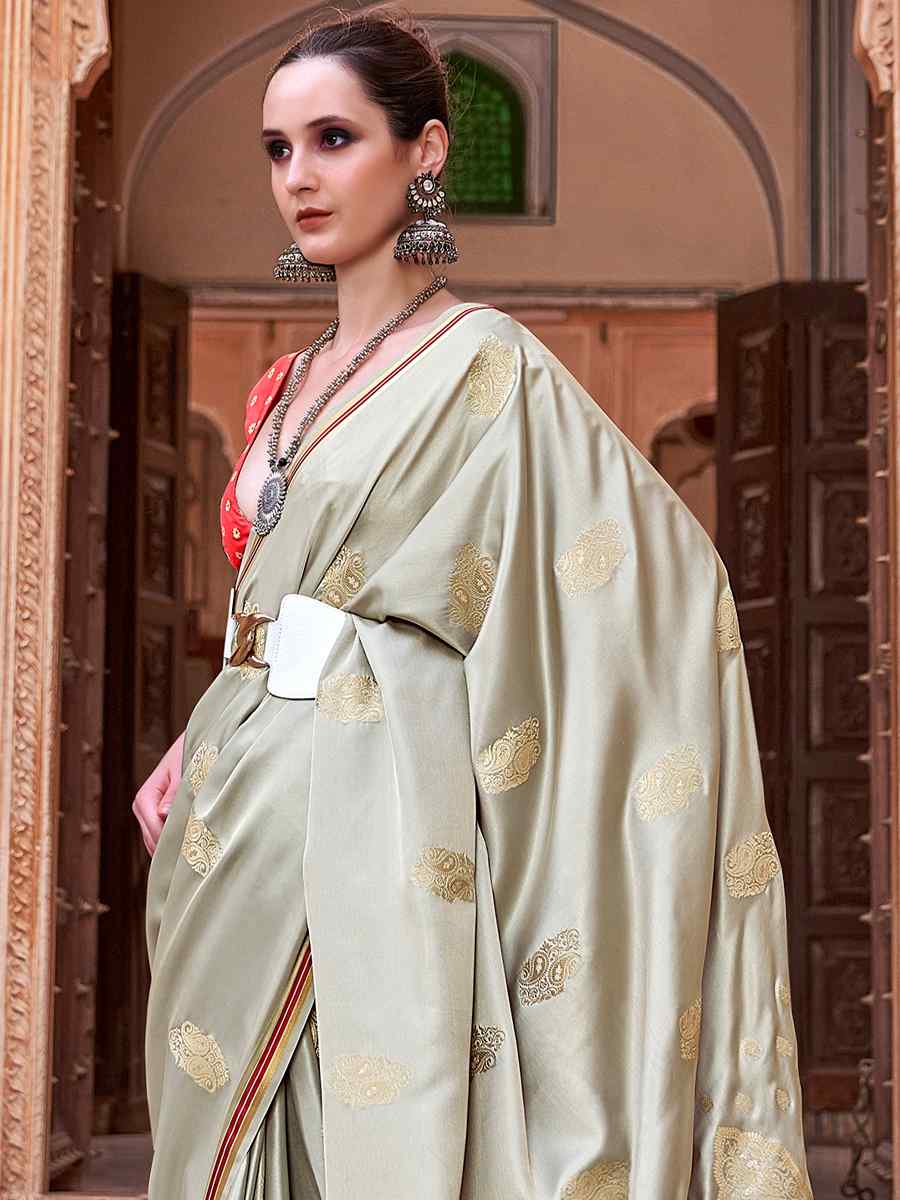 Grey Pure Satin Silk Handwoven Wedding Festival Classic Style Saree