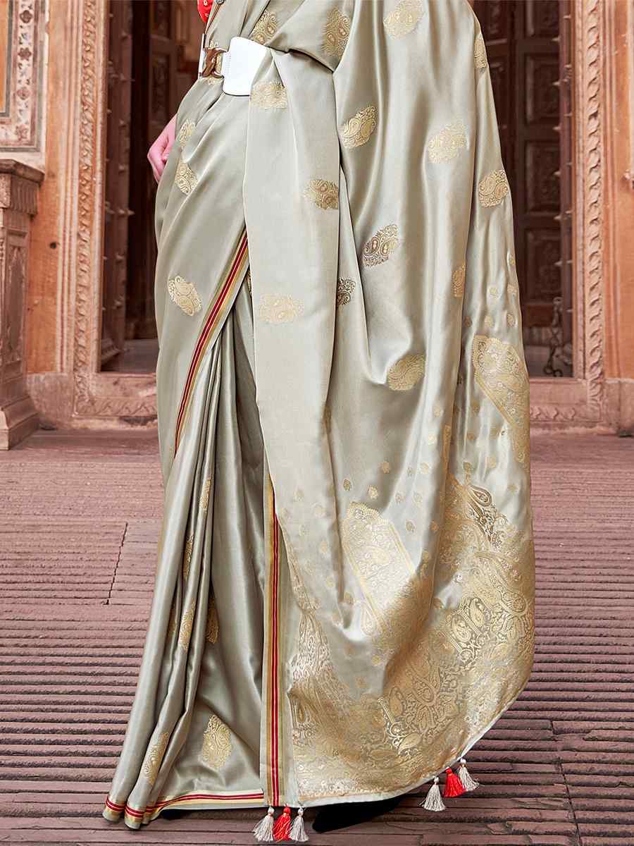 Grey Pure Satin Silk Handwoven Wedding Festival Classic Style Saree