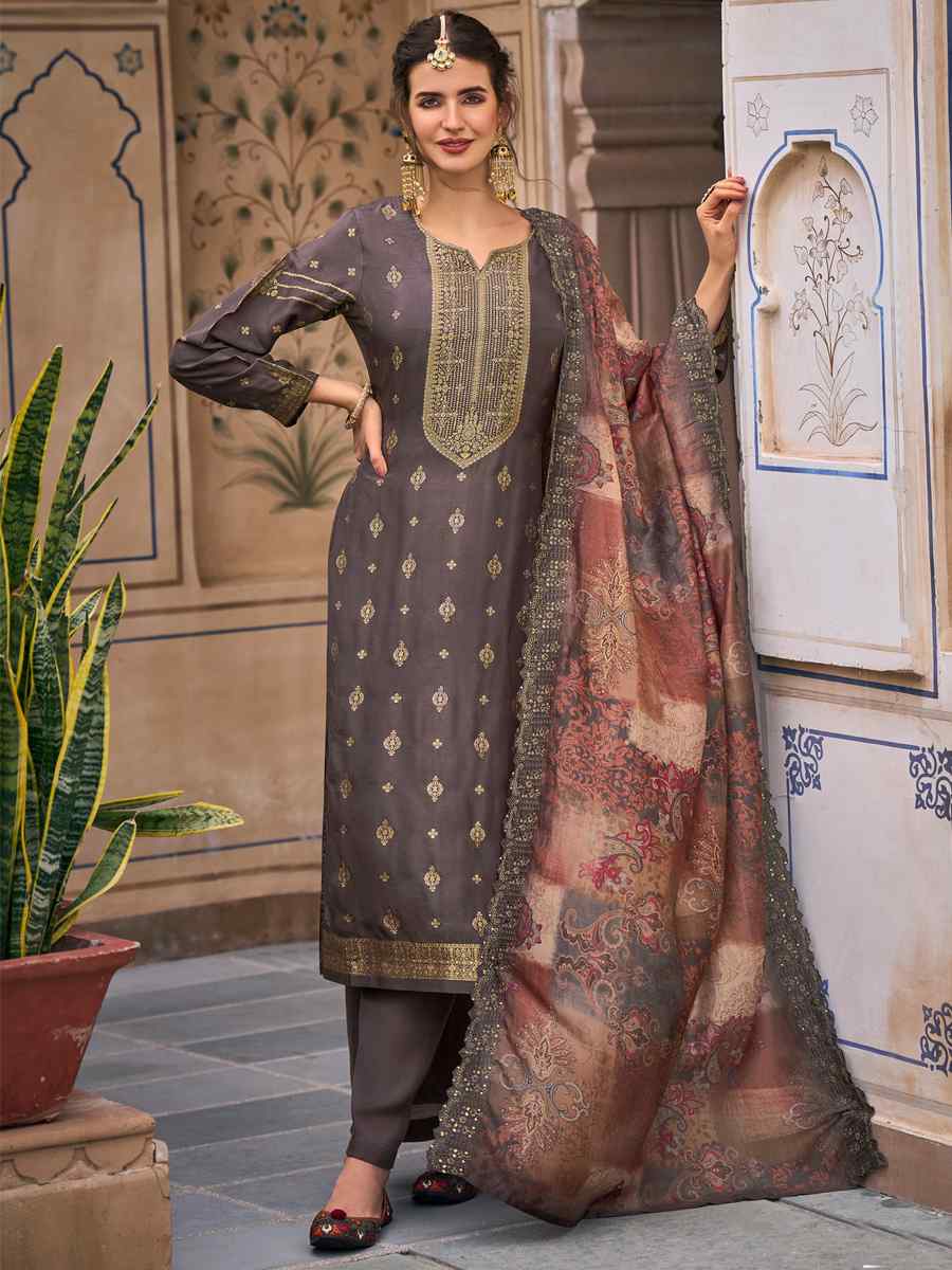 Grey Pure Silk Jacquard Embroidered Festival Pant Salwar Kameez
