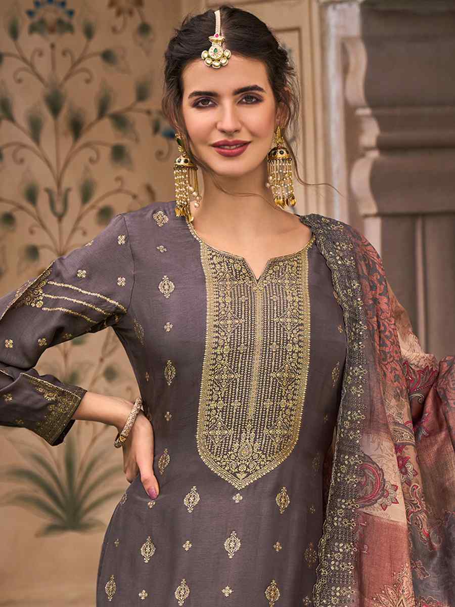 Grey Pure Silk Jacquard Embroidered Festival Pant Salwar Kameez