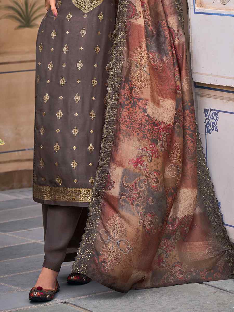 Grey Pure Silk Jacquard Embroidered Festival Pant Salwar Kameez