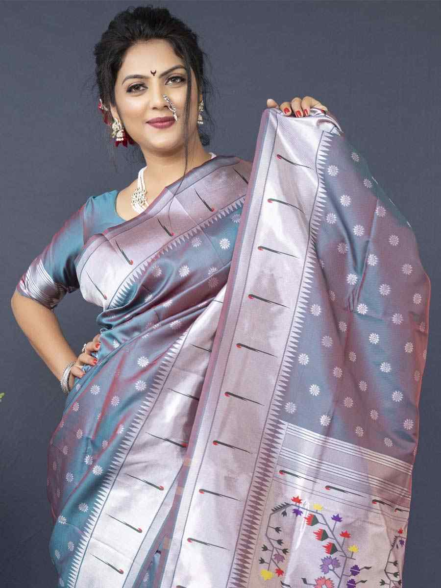 Grey Pure Soft Paithani Silk Handwoven Wedding Festival Heavy Border Saree