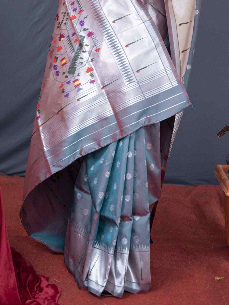 Grey Pure Soft Paithani Silk Handwoven Wedding Festival Heavy Border Saree