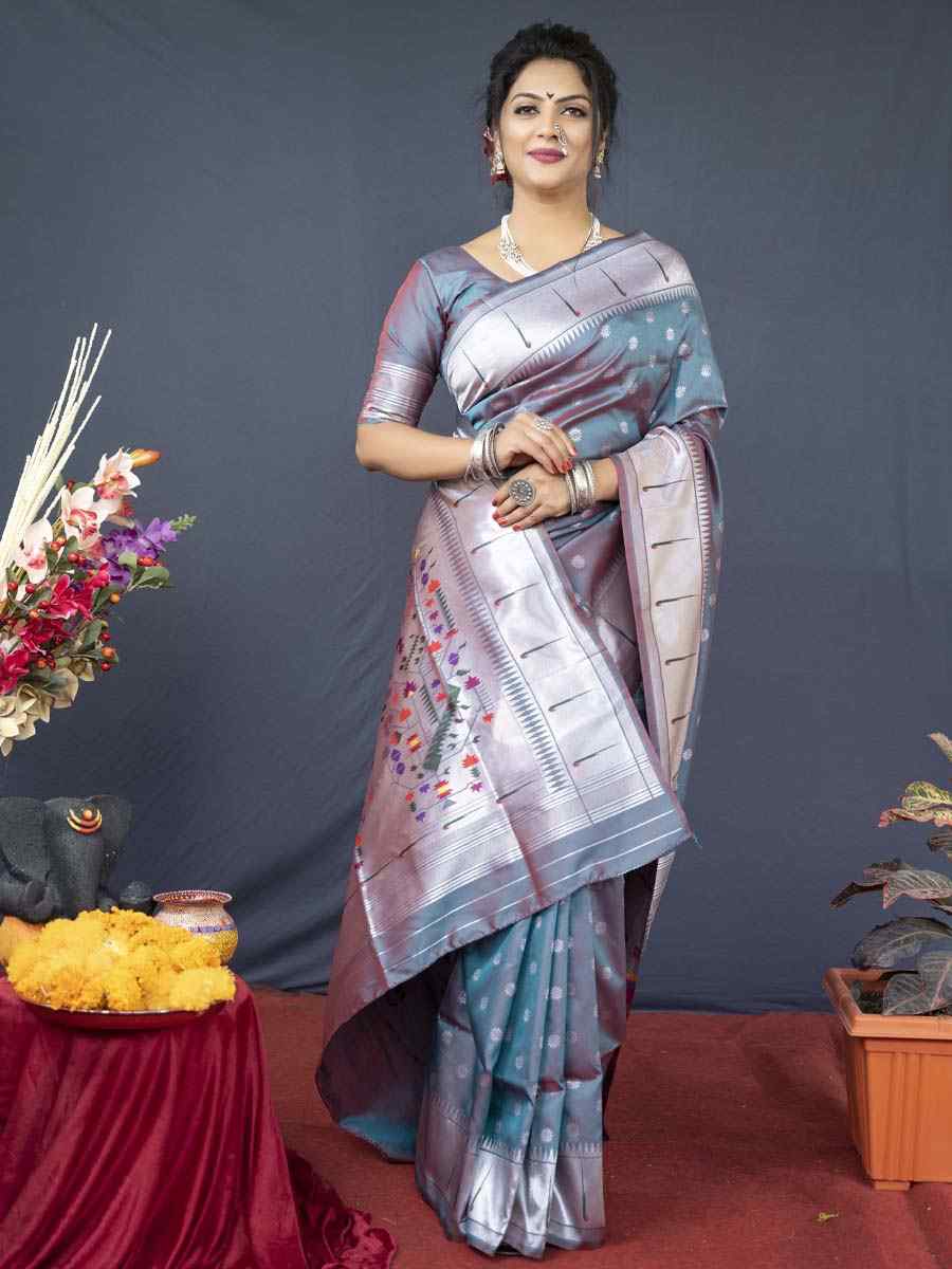 Grey Pure Soft Paithani Silk Handwoven Wedding Festival Heavy Border Saree