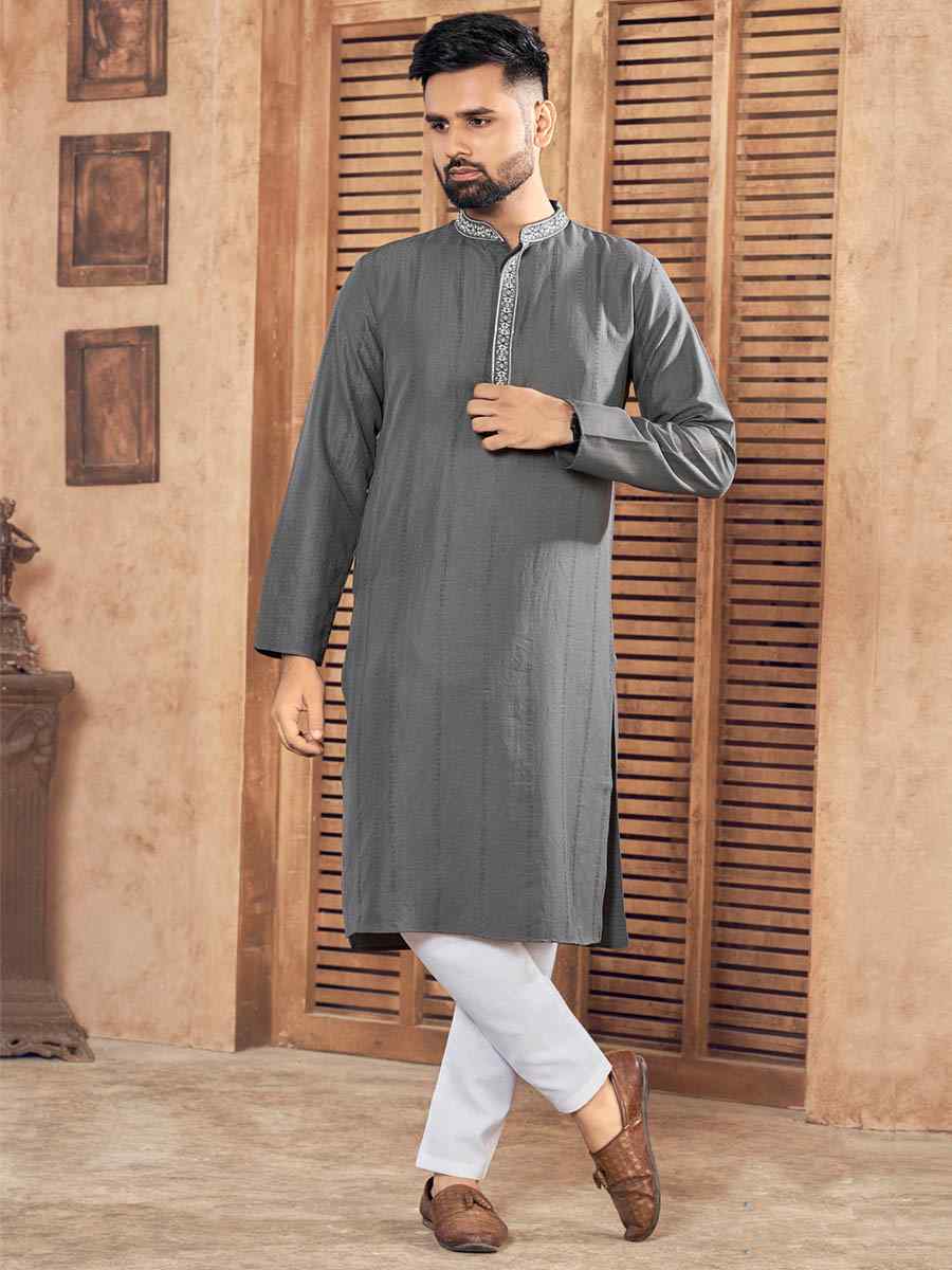 Grey Pure Viscose Embroidered Festival Casual Kurta