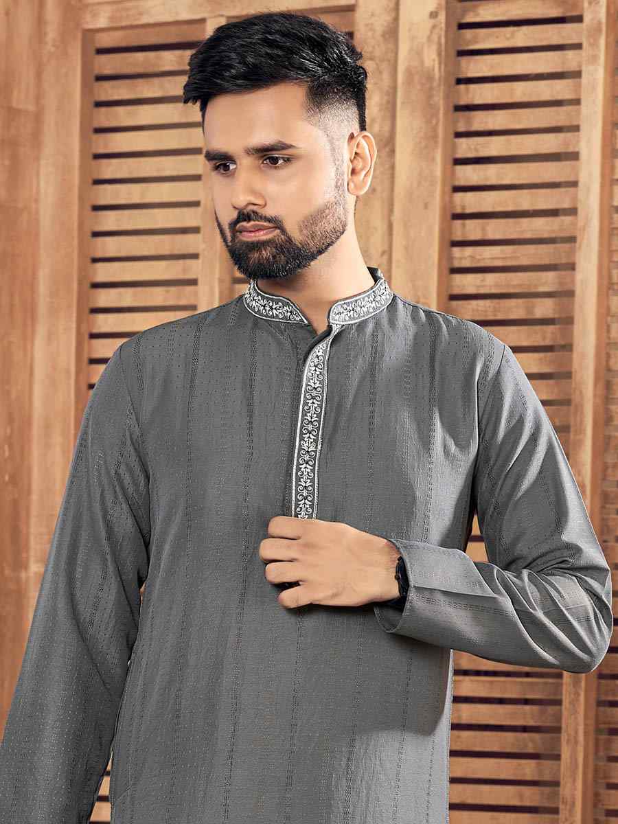 Grey Pure Viscose Embroidered Festival Casual Kurta