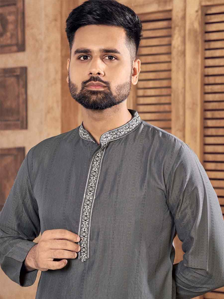 Grey Pure Viscose Embroidered Festival Casual Kurta