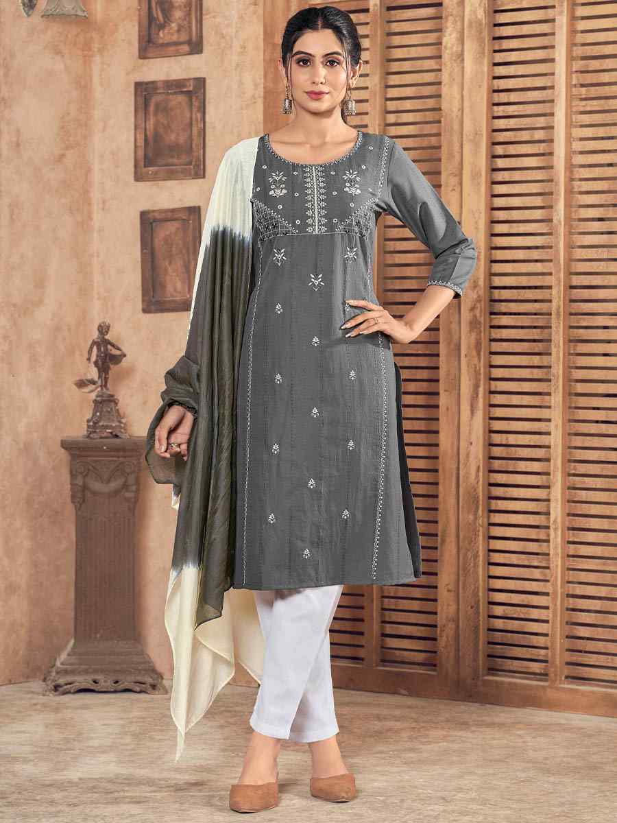 Grey Pure Viscose Embroidered Festival Casual Ready Pant Salwar Kameez