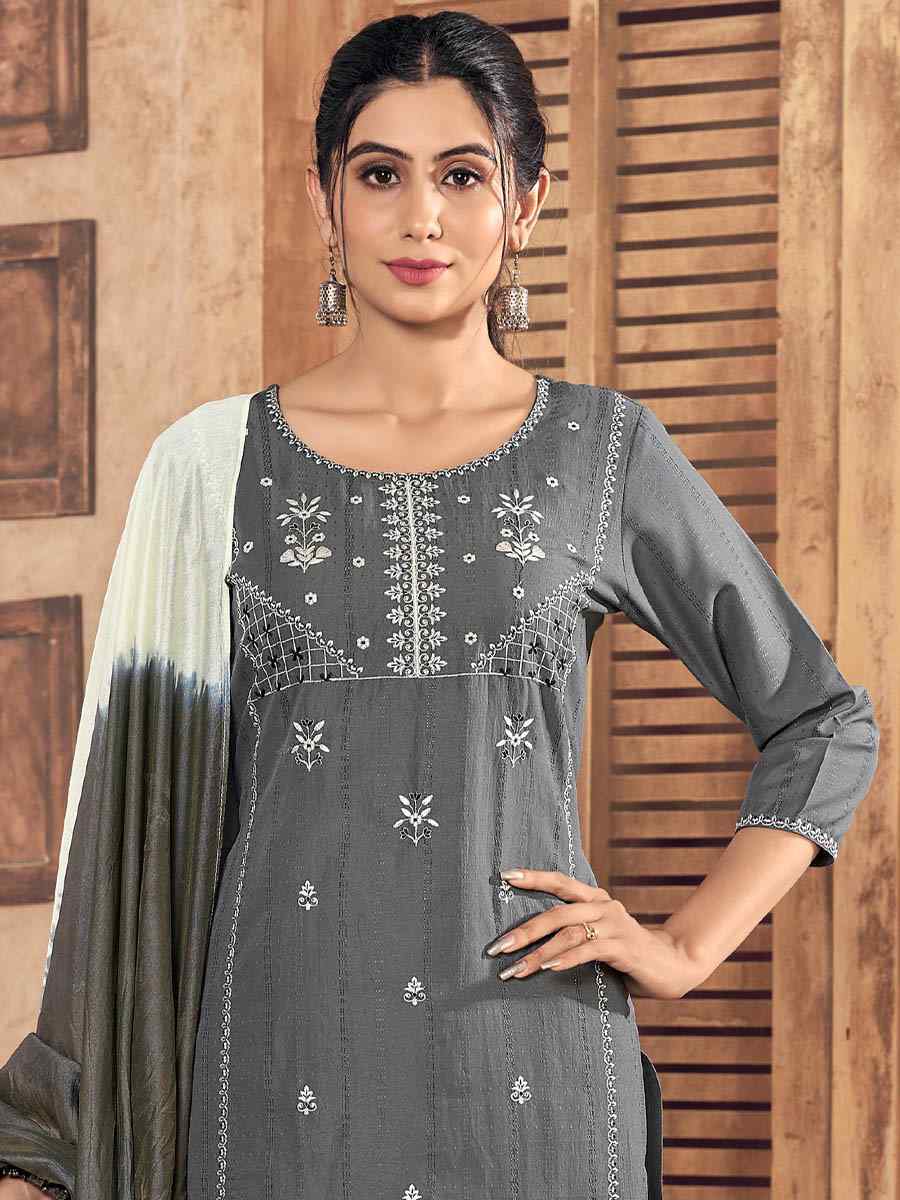 Grey Pure Viscose Embroidered Festival Casual Ready Pant Salwar Kameez